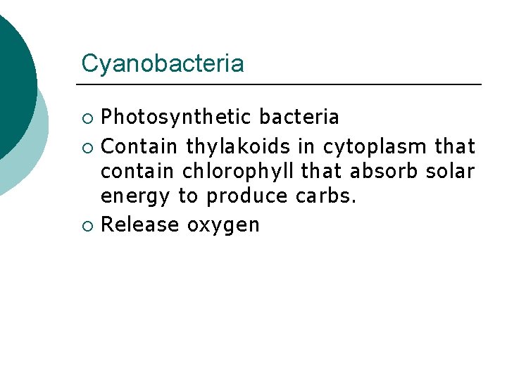 Cyanobacteria Photosynthetic bacteria ¡ Contain thylakoids in cytoplasm that contain chlorophyll that absorb solar