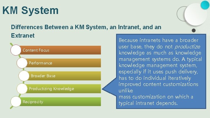 KM System Differences Between a KM System, an Intranet, and an Extranet Content Focus