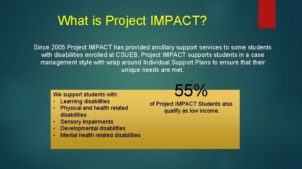 What is Project IMPACT? Since 2005 Project IMPACT has provided ancillary support services to