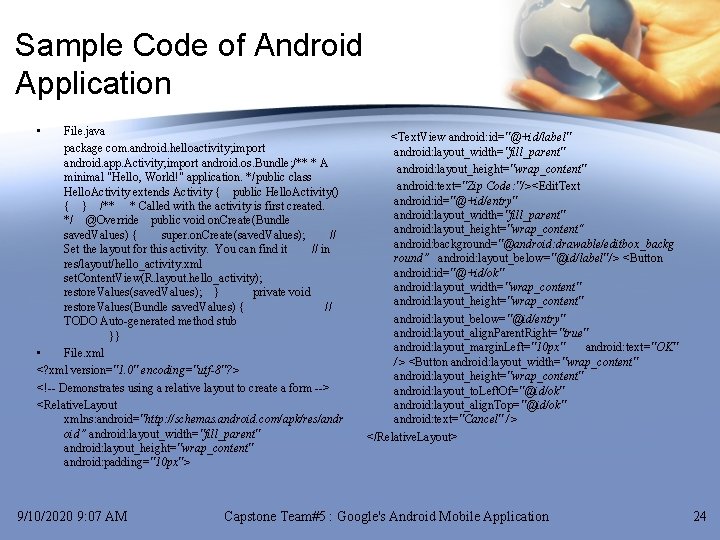 Sample Code of Android Application • File. java package com. android. helloactivity; import android.