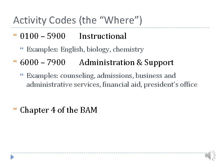 Activity Codes (the “Where”) 0100 – 5900 Examples: English, biology, chemistry 6000 – 7900