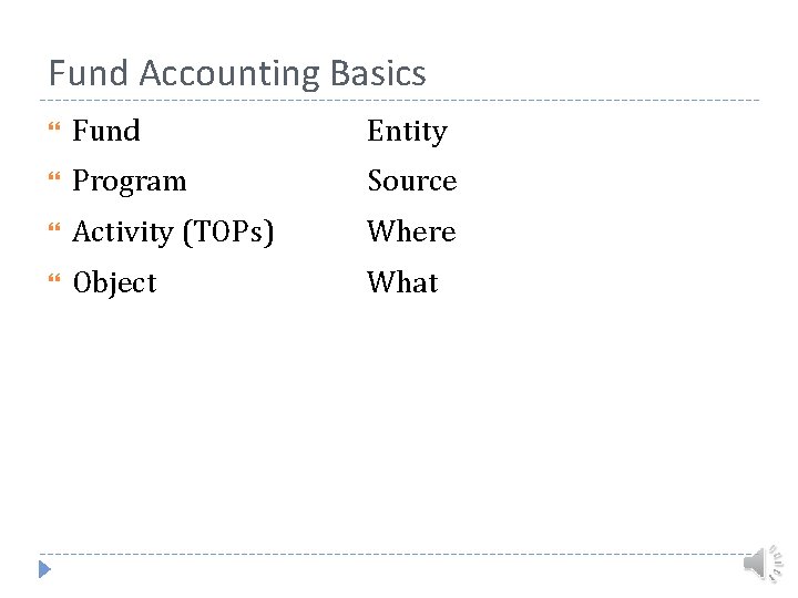 Fund Accounting Basics Fund Entity Program Source Activity (TOPs) Where Object What 
