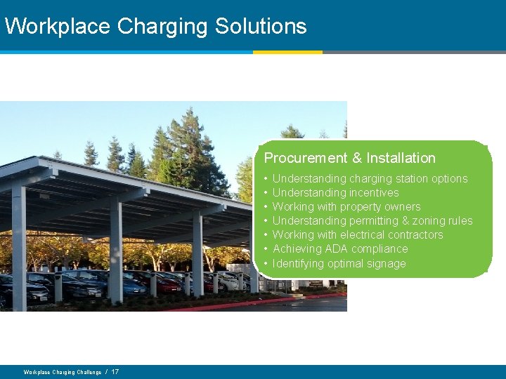 Workplace Charging Solutions Procurement & Installation • • Workplace Charging Challenge / 17 Understanding