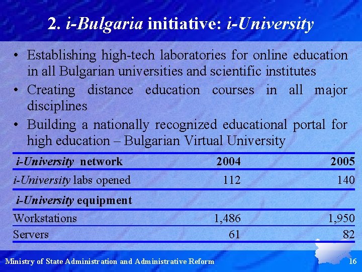 2. i-Bulgaria initiative: i-University • Establishing high-tech laboratories for online education in all Bulgarian