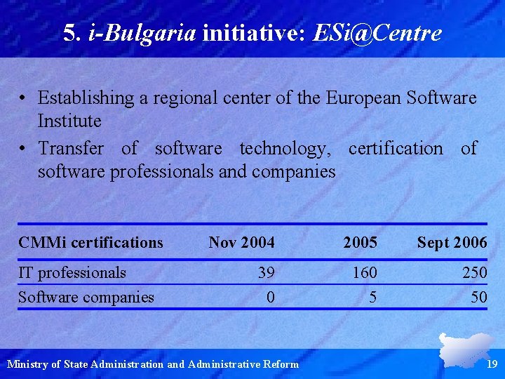 5. i-Bulgaria initiative: ESi@Centre • Establishing a regional center of the European Software Institute