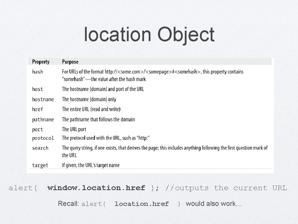 location Object alert( window. location. href ); //outputs the current URL Recall: alert( location.