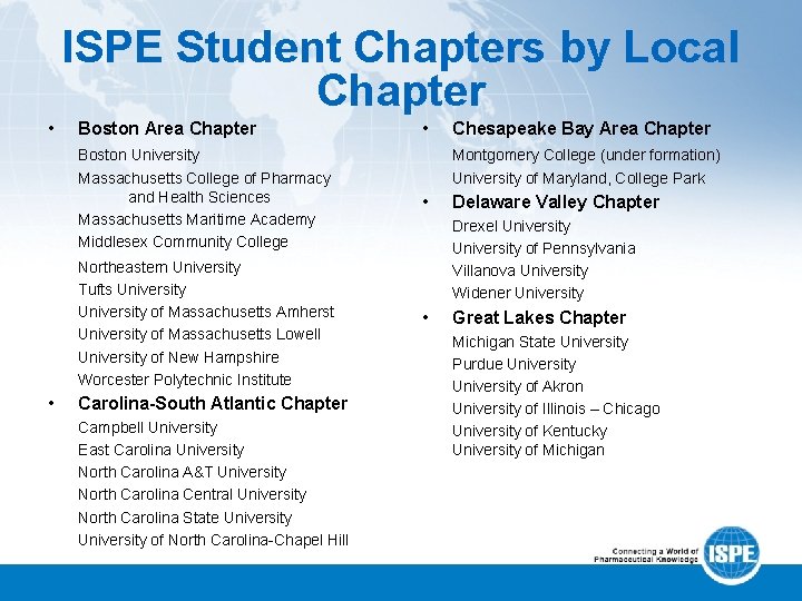 ISPE Student Chapters by Local Chapter • Boston Area Chapter • Boston University Massachusetts