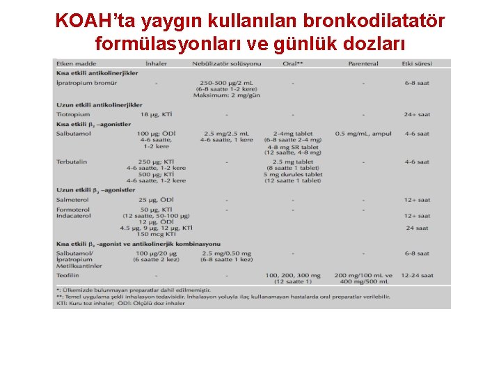 KOAH’ta yaygın kullanılan bronkodilatatör formülasyonları ve günlük dozları 