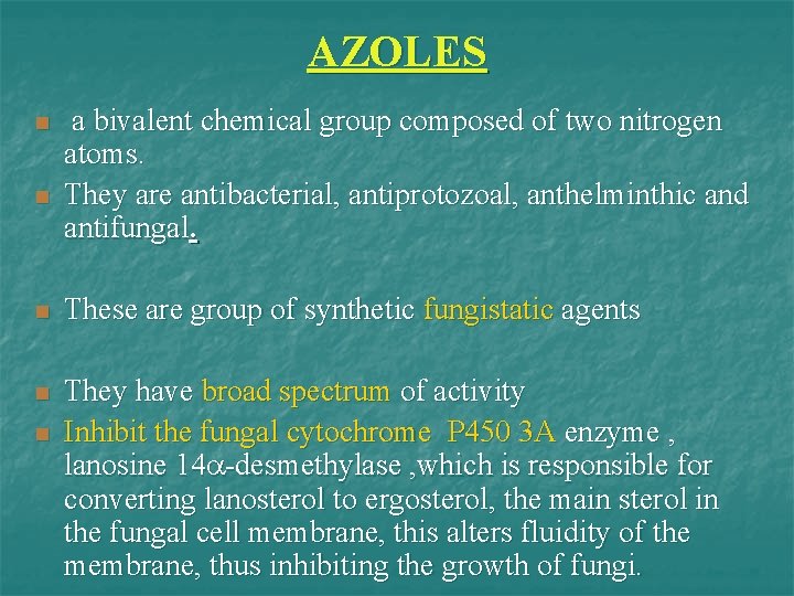 AZOLES n n a bivalent chemical group composed of two nitrogen atoms. They are
