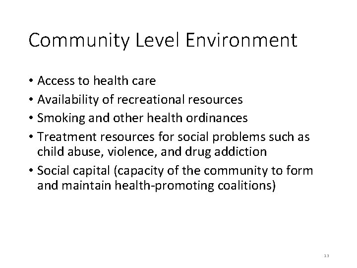 Community Level Environment • Access to health care • Availability of recreational resources •