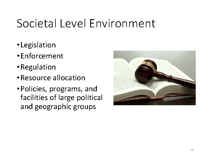 Societal Level Environment • Legislation • Enforcement • Regulation • Resource allocation • Policies,