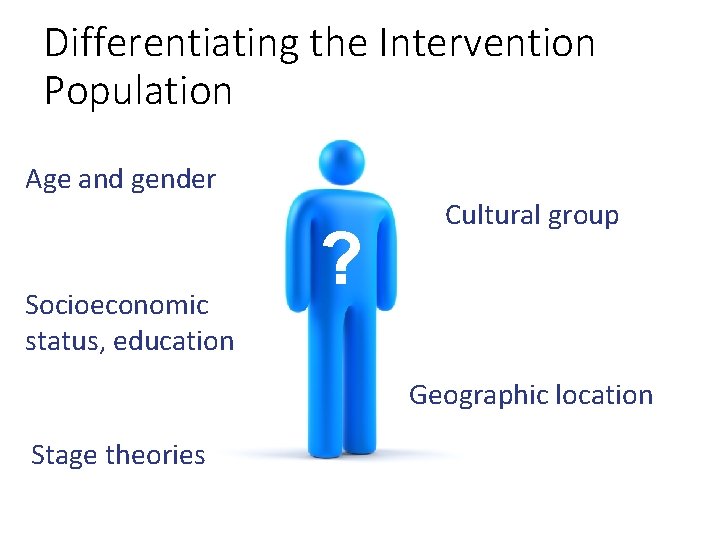 Differentiating the Intervention Population Age and gender Socioeconomic status, education ? Cultural group Geographic