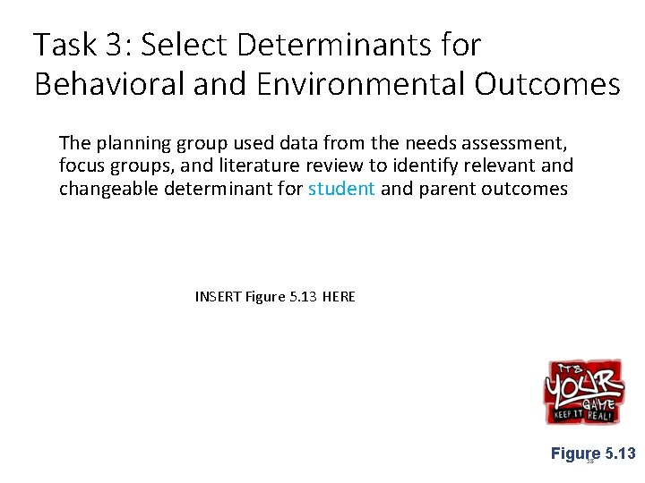 Task 3: Select Determinants for Behavioral and Environmental Outcomes The planning group used data