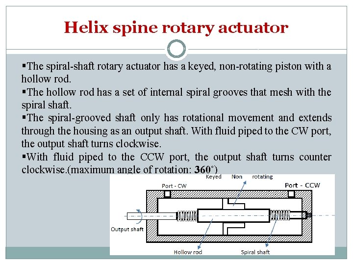 Helix spine rotary actuator §The spiral-shaft rotary actuator has a keyed, non-rotating piston with