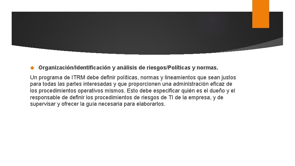  Organización/Identificación y análisis de riesgos/Políticas y normas. Un programa de ITRM debe definir