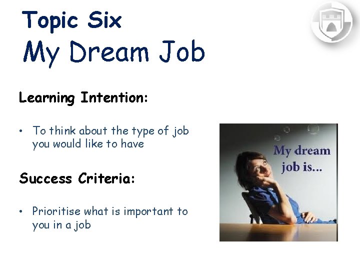 Topic Six My Dream Job Learning Intention: • To think about the type of