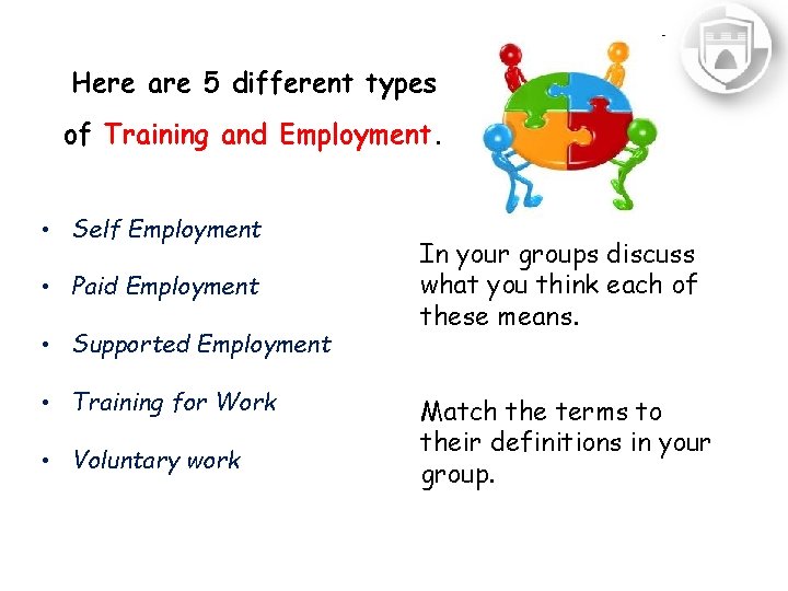 Here are 5 different types of Training and Employment. • Self Employment • Paid