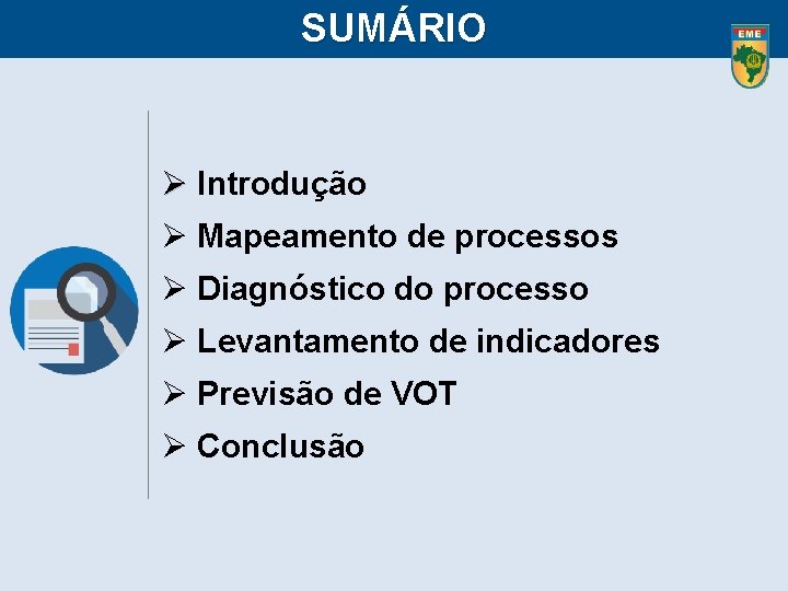SUMÁRIO Introdução Mapeamento de processos Diagnóstico do processo Levantamento de indicadores Previsão de VOT