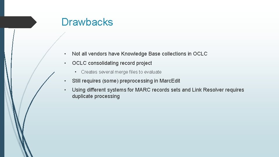 Drawbacks • Not all vendors have Knowledge Base collections in OCLC • OCLC consolidating
