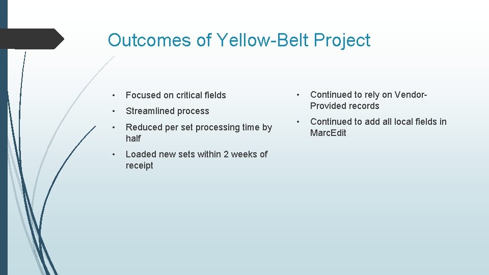 Outcomes of Yellow-Belt Project • Focused on critical fields • Streamlined process • Reduced