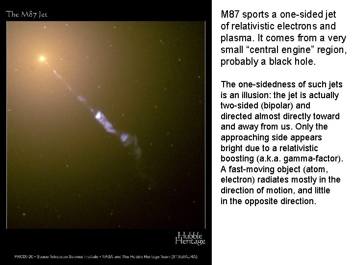M 87 sports a one-sided jet of relativistic electrons and plasma. It comes from