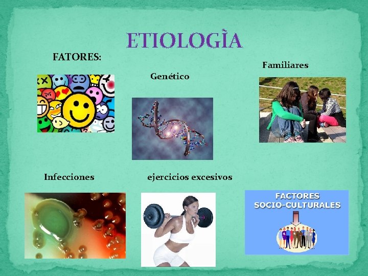 FATORES: ETIOLOGÌA Familiares Genético Infecciones ejercicios excesivos 