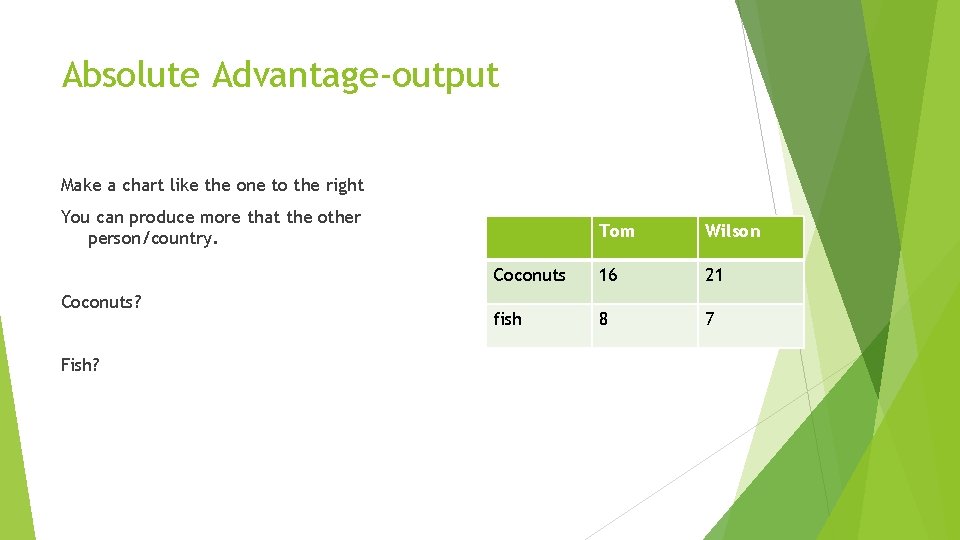 Absolute Advantage-output Make a chart like the one to the right You can produce