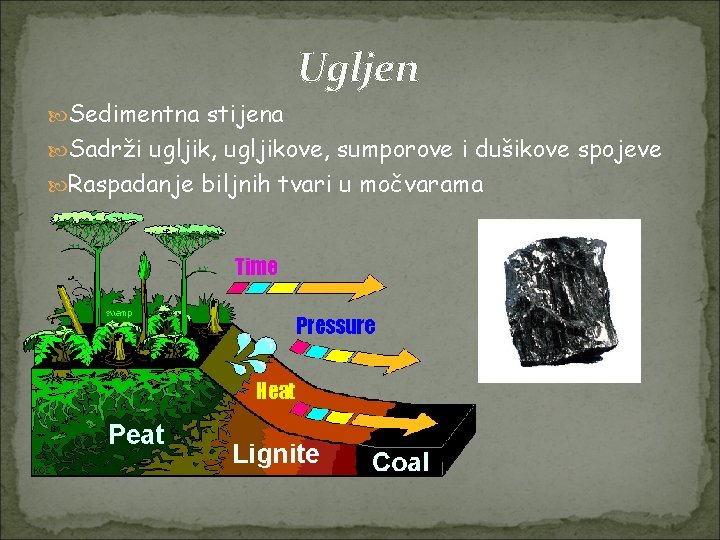 Ugljen Sedimentna stijena Sadrži ugljik, ugljikove, sumporove i dušikove spojeve Raspadanje biljnih tvari u