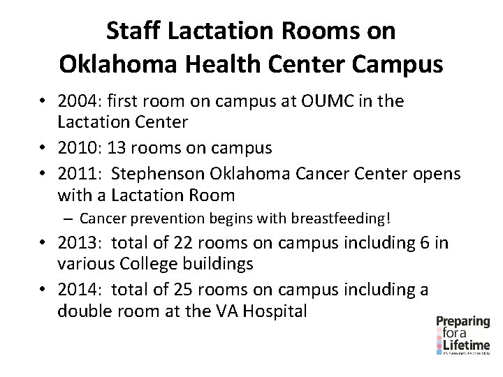 Staff Lactation Rooms on Oklahoma Health Center Campus • 2004: first room on campus Staff Lactation Rooms on Oklahoma Health Center Campus • 2004: first room on campus