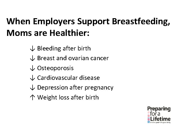 When Employers Support Breastfeeding, Moms are Healthier: ↓ Bleeding after birth ↓ Breast and When Employers Support Breastfeeding, Moms are Healthier: ↓ Bleeding after birth ↓ Breast and