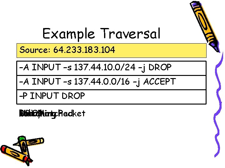 Example Traversal Source: 64. 233. 183. 104 –A INPUT –s 137. 44. 10. 0/24