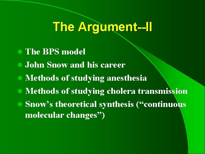 The Argument--II l The BPS model l John Snow and his career l Methods