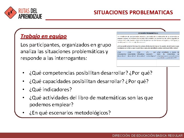 SITUACIONES PROBLEMATICAS Trabajo en equipo Los participantes, organizados en grupo analiza las situaciones problemáticas