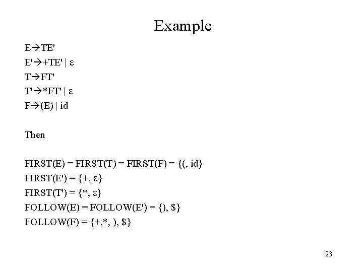 Example E TE' E' +TE' | T FT' T' *FT' | F (E) |