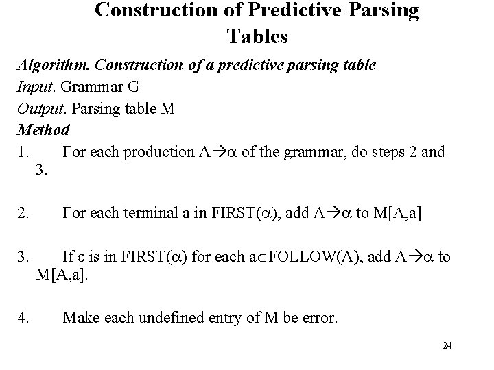 Construction of Predictive Parsing Tables Algorithm. Construction of a predictive parsing table Input. Grammar