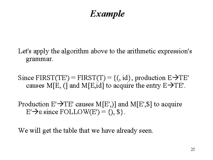 Example Let's apply the algorithm above to the arithmetic expression's grammar. Since FIRST(TE') =