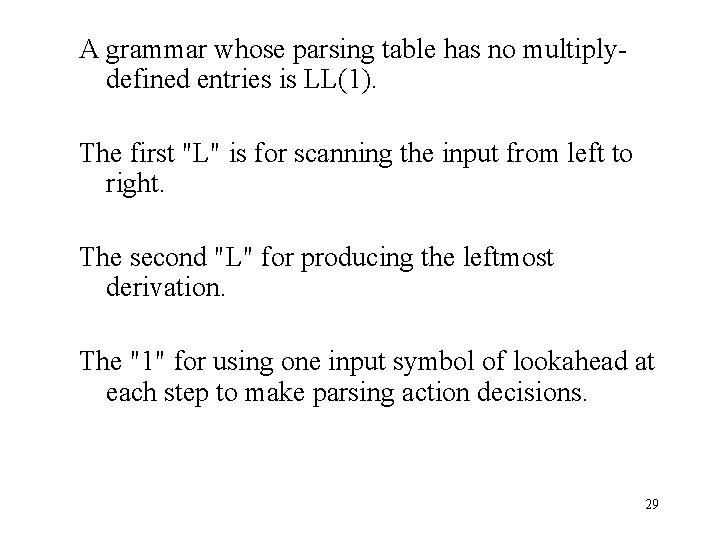 A grammar whose parsing table has no multiplydefined entries is LL(1). The first "L"
