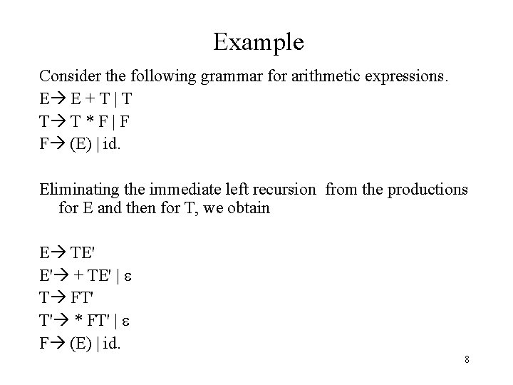 Example Consider the following grammar for arithmetic expressions. E E + T | T