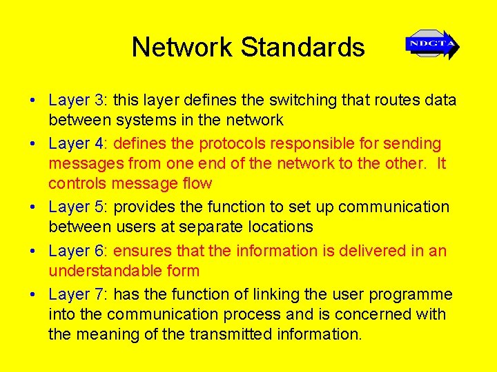 Network Standards • Layer 3: this layer defines the switching that routes data between