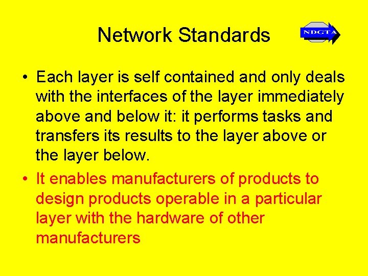 Network Standards • Each layer is self contained and only deals with the interfaces