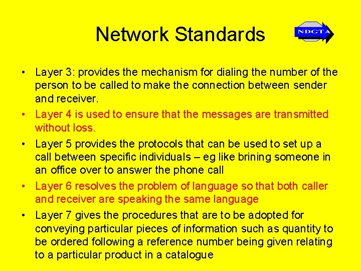 Network Standards • Layer 3: provides the mechanism for dialing the number of the