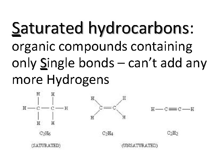 Saturated hydrocarbons: hydrocarbons organic compounds containing only Single bonds – can’t add any more