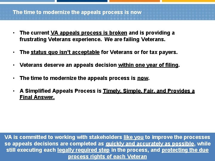 The time to modernize the appeals process is now • The current VA appeals