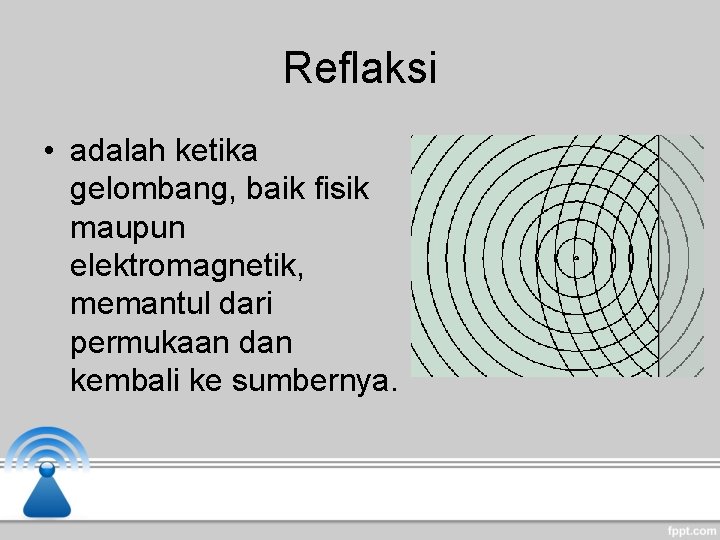 Reflaksi • adalah ketika gelombang, baik fisik maupun elektromagnetik, memantul dari permukaan dan kembali