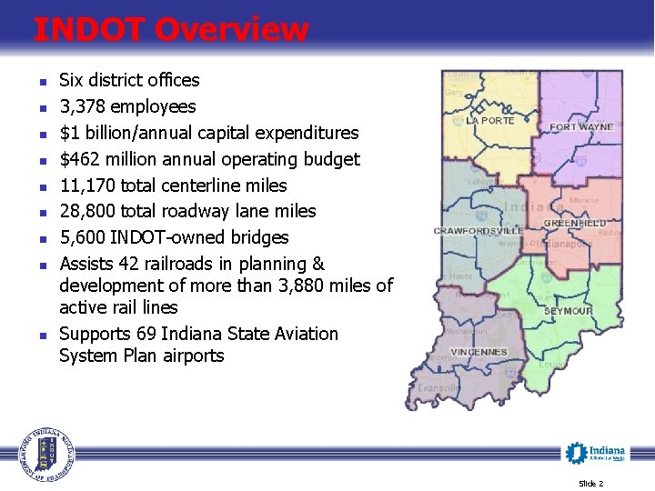INDOT Overview n n n n n Six district offices 3, 378 employees $1
