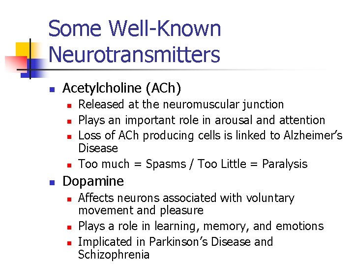 Some Well-Known Neurotransmitters n Acetylcholine (ACh) n n n Released at the neuromuscular junction
