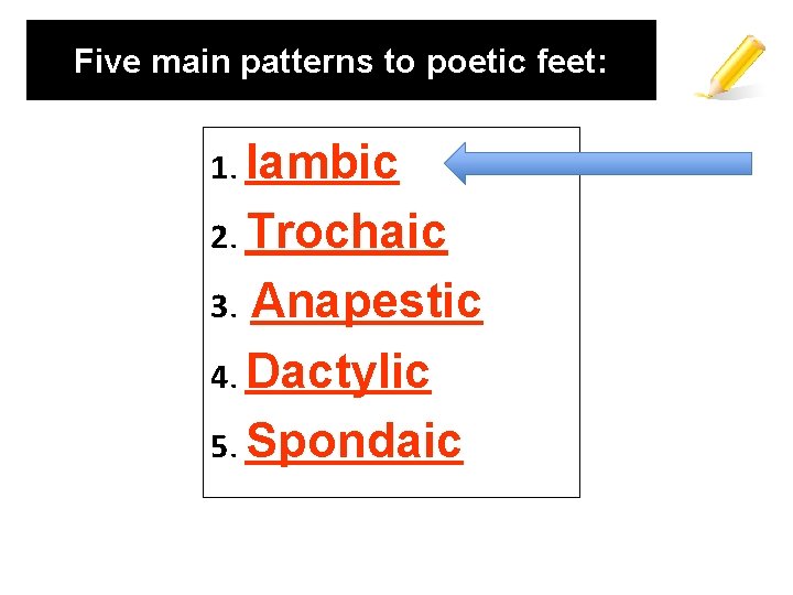 Five main patterns to poetic feet: 1. Iambic 2. Trochaic Anapestic 4. Dactylic 5.