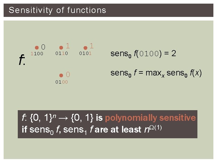 Sensitivity of functions f: 0 1100 1 0110 0 1 0101 sens 0 f(0100)