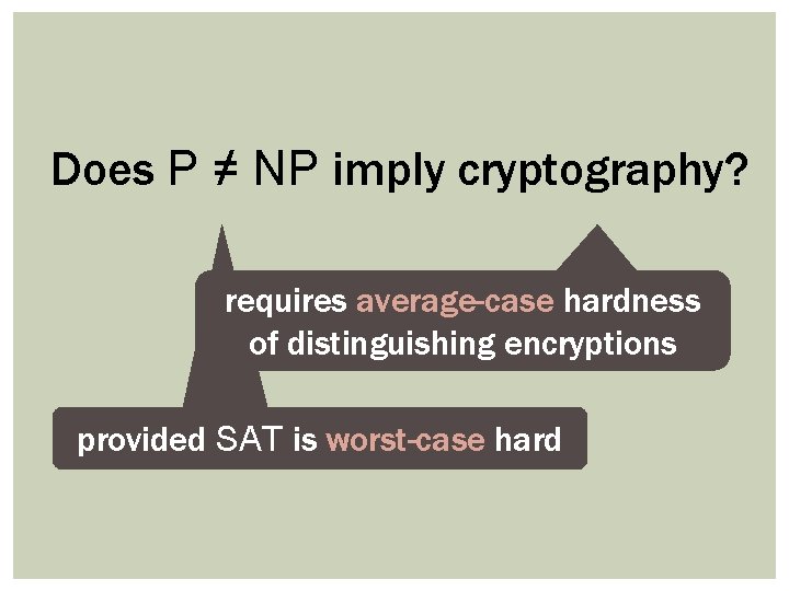 Does P ≠ NP imply cryptography? requires average-case hardness of distinguishing encryptions provided SAT