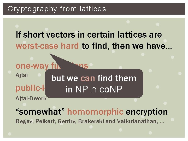 Cryptography from lattices If short vectors in certain lattices are worst-case hard to find,